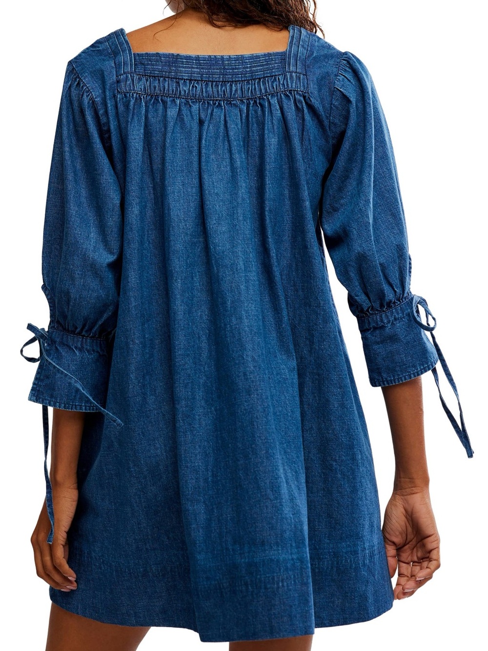 Free People Blue Denim Babydoll Mini Dress Square Neck Smocked Boho Cottagecore - Picture 2 of 13